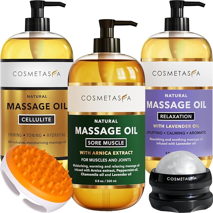 Cosmetasa Body Massage Oil Therapy Kit – Arnica & Lavender Oil for Relaxation and Sore Muscles – Includes Anti-Cellulite Oil, Roller Ball & Mitt for Firming Skin – Spa Gift Set for Women & Men