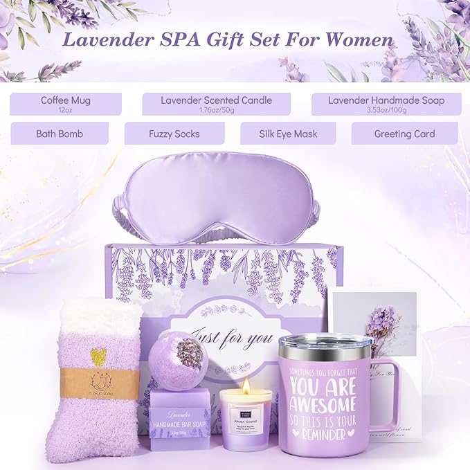Birthday Gifts for Women Lavender Spa Gift Basket for Women Self Care Relaxing Bath Set Purple Gifts Inspirational Gift for Mom Wife Her Female Sister Teacher Nurse Friends Employee Coworker Spa Gifts