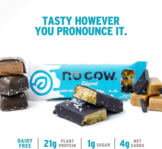No Cow High Protein Bars, Chocolate Salted Caramel - Healthy Snacks, 20g Vegan Protein, High Fiber, Low Sugar, Keto Friendly, Dairy & Gluten Free (12 Count)