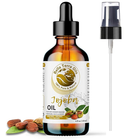 Bella Terra Oils - Organic Jojoba Oil 4oz - Cold-Pressed Excellence, Non-Comedogenic, Bathed in Vitamin C & E, For Those Seeking the Best Oils for Skin