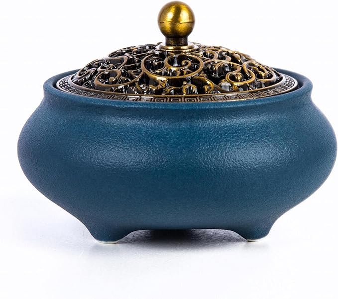 Ceramic Incense Burner Gift Set with Carved Metal Lid, Incense Holder, and Fireproof Cotton – for Stick, Cone, Coil, Sage & Frankincense – Elegant Home & Meditation Decor – Gift Boxed by SIKZU.(Blue)