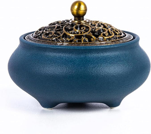 Ceramic Incense Burner Gift Set with Carved Metal Lid, Incense Holder, and Fireproof Cotton – for Stick, Cone, Coil, Sage & Frankincense – Elegant Home & Meditation Decor – Gift Boxed by SIKZU.(Blue)