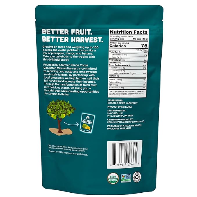 Mavuno Harvest Jackfruit Dried Fruit Snacks | Unsweetened Organic Dried Jackfruit Chips | Gluten Free Healthy Snacks for Kids and Adults | Vegan, Non GMO, Direct Trade | 1 Pound Bag