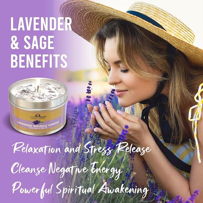 Lavender Sage Smudge Candle (6oz) Soothe & Reset - Pure Sage Energy Cleansing Candle for House Cleansing Negative Energy, Meditation – Spiritual for Protection & Intention –Soy Wax - USA Made