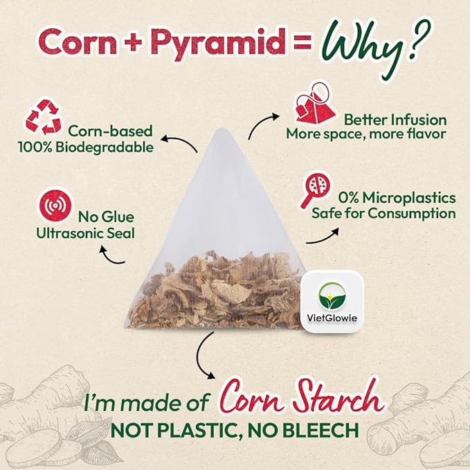 VietGlowie 30 Ginger Pyramid Tea Bags, 3.5g/bag to 33oz, Ginger Root Herbal Tea, Warm & Spicy, Support Digestion, Boost Immunity, 100% Natural, No Caffeine, Corn-Based Tea Bags