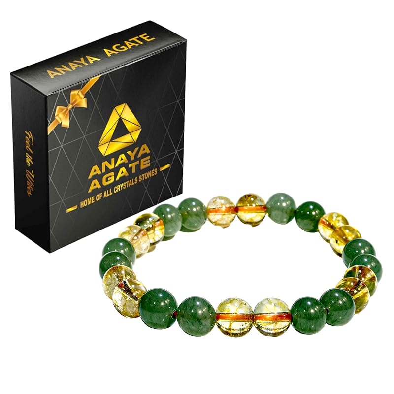 Citrine, Green Aventurine Bracelet – Healing Crystal Bracelet for Women and Men – 8mm Round Beaded Bracelet for Good Luck, Wealth, Abundance – Elastic Adjustable Size Gemstone Bead Bracelet