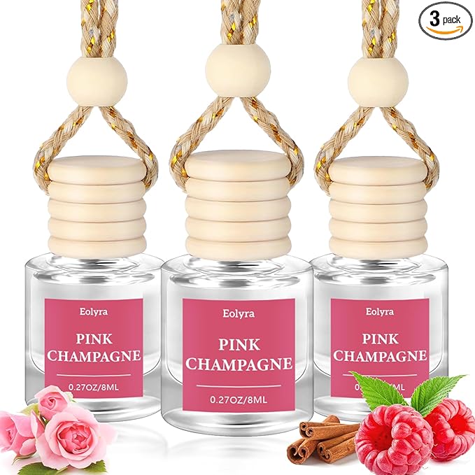 Hanging Car Air Freshener (Pack of 3) : Luxury Car Perfume for Women Men | Cute & Reusable Bottle with 45+ Days Long-Lasting Fragrance Oil Diffuser, Pink Champagne