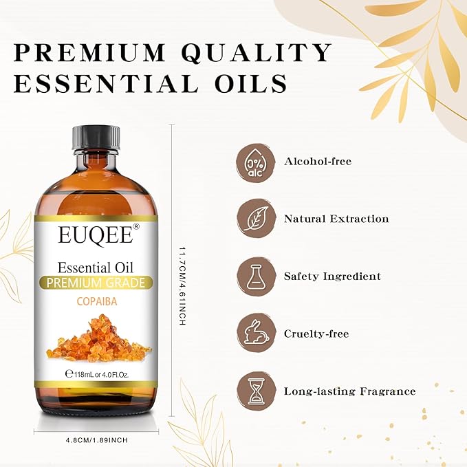 EUQEE Copaiba Essential Oil 118 ml Pure Copaiba Oil Essential Oil with Dropper for Diffusers, DIY Soap, Candle Making, Aromatherapy (4fl oz)