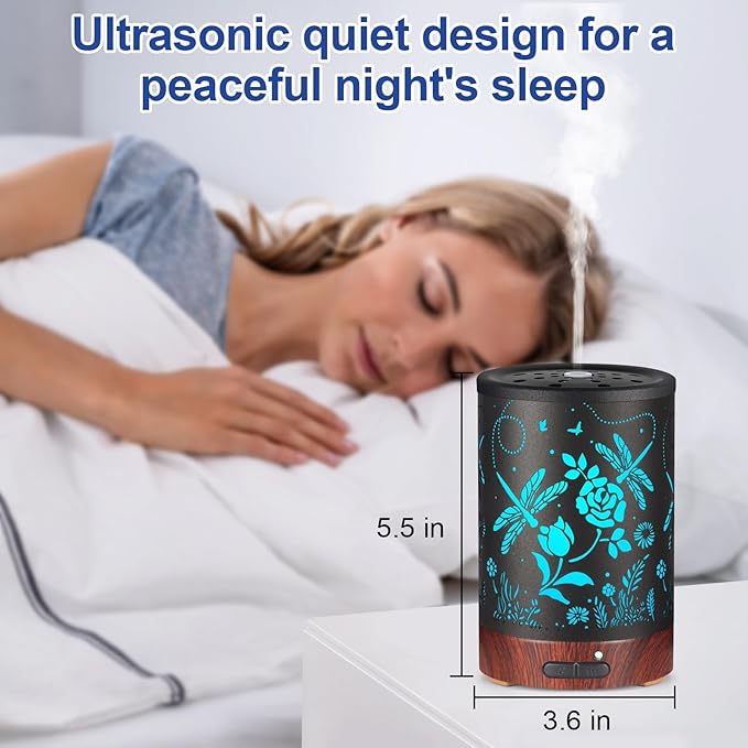 Essential Oil Diffuser- Aromatherapy Diffuser with7 Colors Light, and Auto-Off - Metal Cool Mist Humidifier for Home and Office（Roses + Dragonflies）…