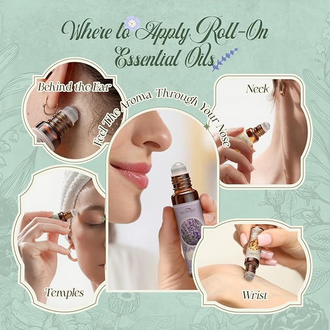 Essential Oils Roll on Set, Aromatherapy Oils with Roller Ball for Skin, Natural Essential Oil Roller Gift Set with Lavender, Peppermint, Frankincense, Eucalyptus, Lemon, Myrrh