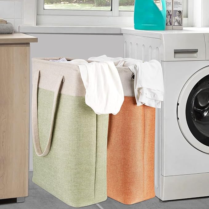 i BKGOO Laundry Basket with Handles Beige&Green Slim Laundry Bin Collapsible Dirty Clothes Basket Narrow Laundry Bag Foldable Dirty Hamper for Camping, Dorms, Apartments