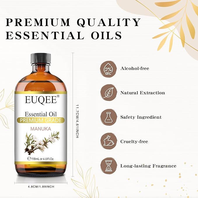 EUQEE Manuka Essential Oil 118ml Large Capacity Pure Manuka Oil with Glass Dropper for Skin, Diffuser, Aromatherapy, Cleaning, Soap Candle Making - 4Fl.Oz