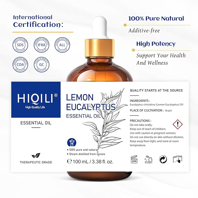 HIQILI Lemon Eucalyptus Oil, for Spary, Diffuser, Indoors, Outdoors, Garden, Yard, 100% Pure Natural - 3.38 Fl Oz