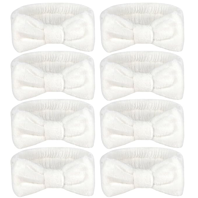 Ondder Spa Headband for Washing Face 8 Pack White Skincare Headbands for Women Girls Terry Cloth Cute Bow Head Bands for Makeup