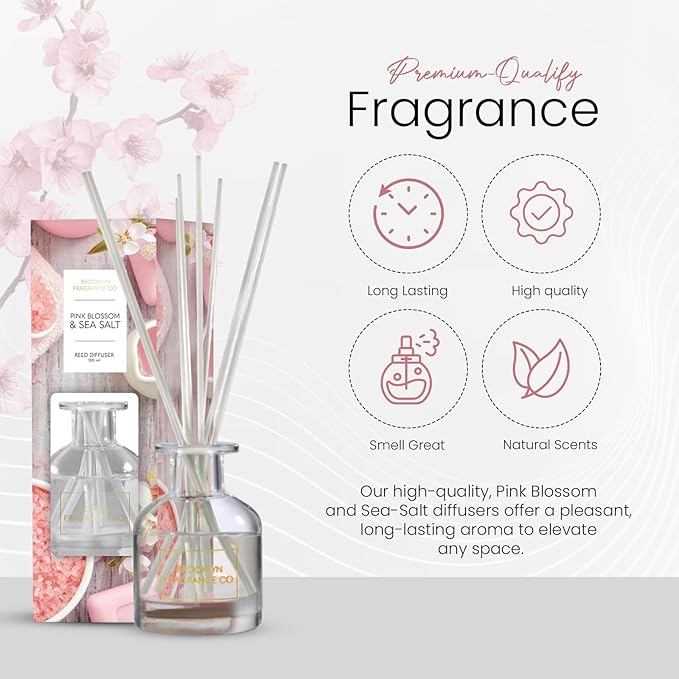 Brooklyn Fragrance Co. Spring Spa- Long Lasting Scented Aroma Diffuser – Pink Blossom & Sea-Salt Air Freshener for Home- Fragrance Diffuser for a Large Room - 100ML