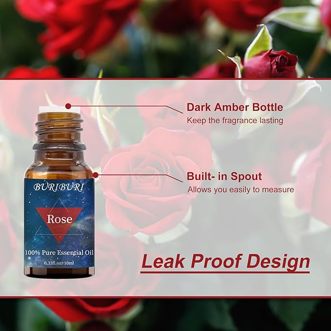 BURIBURI Rose Essential Oil for Diffuser, Massage, Soap, Candle, Perfume Making - 100% Pure, Undiluted, Natural, Organic Aromatherapy - 10ml - Romantic Rose Scented Oil for Women