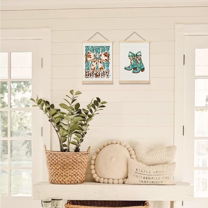 Exqcom Coquette Western Bow Howdy Wall Art Poster, Cowgirl Room Decor, Trendy Turquoise Cowboy Boots Posters for Girls Room Dorm Apartment, 12x16 Inches Set of 2