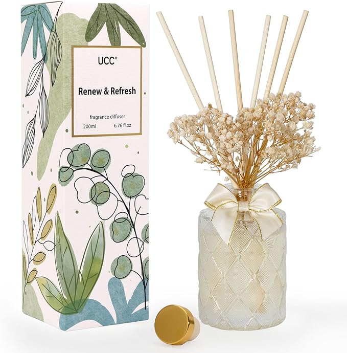 UCC Premium Reed Diffuser Set with Preserved Flower Reed Sticks, 6.76 fl oz Highly Scented Room Diffuser Home Fragrance Essential Oil Reed Diffuser for Bathroom Bedroom Home Décor Office