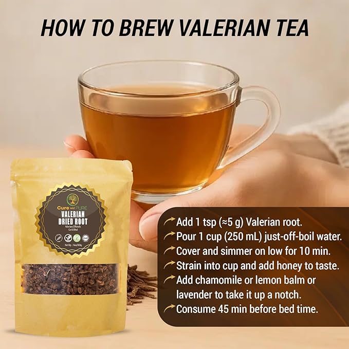 Cure wid Pure Organic Valerian Root Tea - Cut,Sifted & Non-Irradiated Valerian Tea Promotes Natural Relaxing Sleep - Te De Valeriana officinalis in Resealable Eco Friendly Pouch 16oz