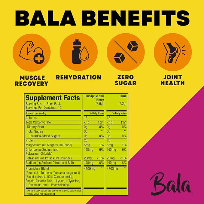 Bala Enzyme Hydration & Sugar-Free Drink Mix - Turmeric, Bromelain, Papain - Immunity, Mobility - Variety Pack 0.25oz (12 Count)