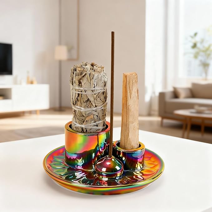 Palo Santo Sticks Holder, Multi-Purpose Handmade Ceramic Incense Burner for Palo Santo Incense Sticks, Sage Holder for Burning, Ash Catcher Tray for Meditation Yoga Room-Colorful