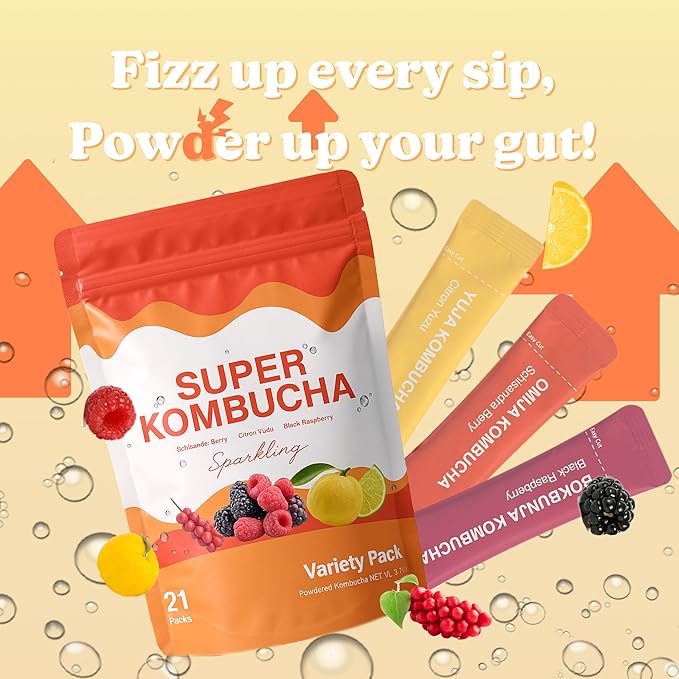 DALAMHARI Sparkling Kombucha Powder Packets - Probiotic Soda Fizzy Drink Mix | Gut Health Fermented Tea | Korean Superfruit Wellness Drinks | Oriental Urban Remedy Health Ade Bubbly | Variety Pack 21T