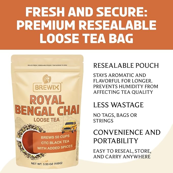 BREWIX, Royal Bengal Masala Chai Tea with Ginger and Cardamom | Loose Leaf CTC TEA (50+ Cups, 3.53oz/100g) Strong Robust & Aromatic, All Natural | Blended with Exotic Spices