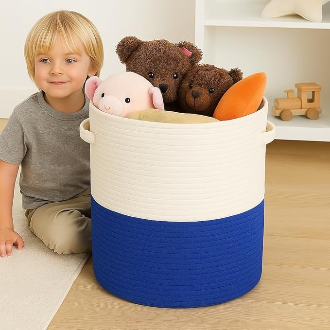 Cotton rope Storage Basket with Lid-Durable Woven Organizer with handles, Woven baskets, Multi-Purpose Storage Basket for Living Room,Closet or office(14x13 inches) (Blue+White)