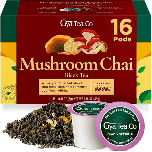 Gya Tea Co Caffeinated Mushroom Chai Black Tea Pod (16 Count) - Smooth, Flavourful, Robust, Enjoy Hot or Iced