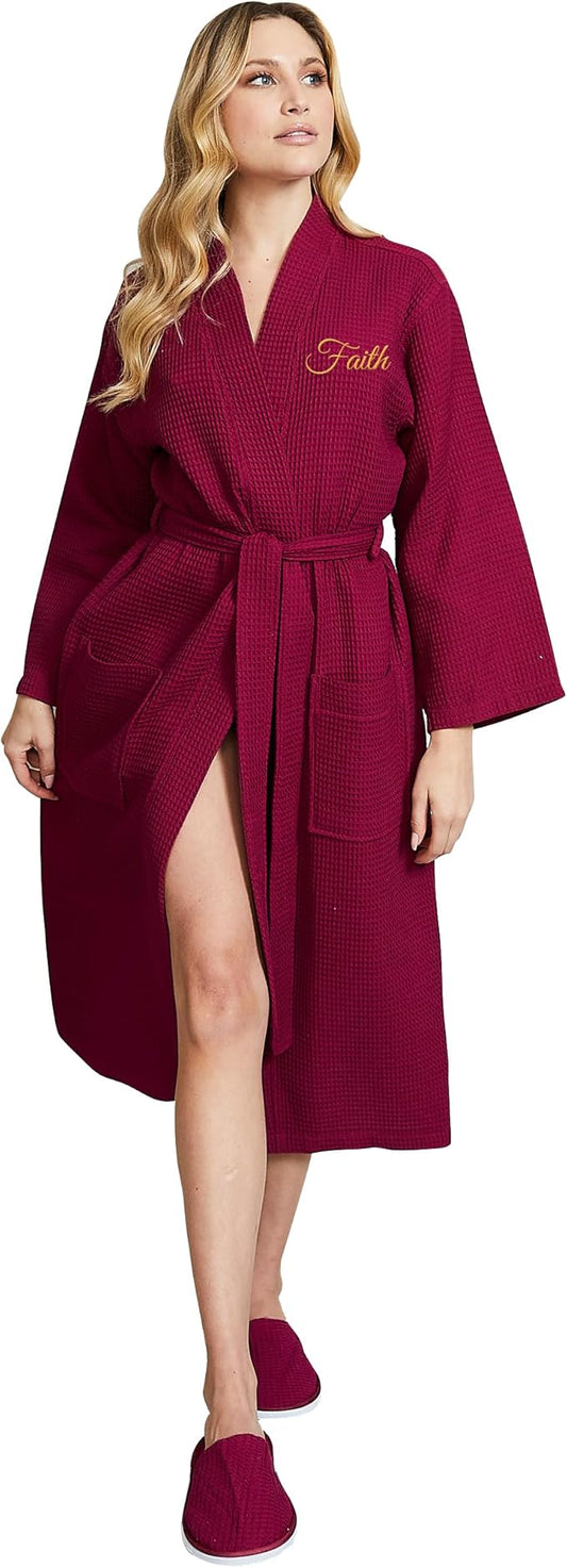 Lotus Linen Waffle Robes for Women - Lightweight Cotton Kimono Bathrobe - Long Soft Spa Bath Robe