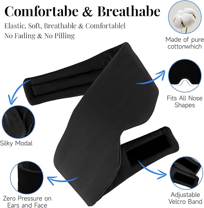 Cotton Sleep Eye Mask for Women Men, 100% Blocking Light Eye Mask Sleeping for Side Sleeper, Soft Zero Pressure Cooling Blackout Eye Covers for Sleeping, Sleep Mask fits All Heads Adjustable（Black）