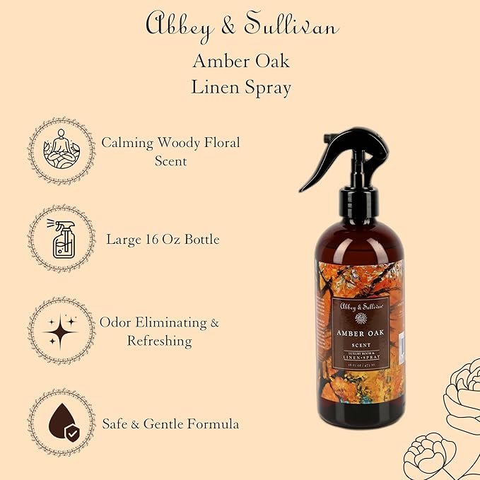 Abbey & Sullivan Odor Eliminating and Refreshing Linen and Room Spray, Amber Oak, 16 oz.