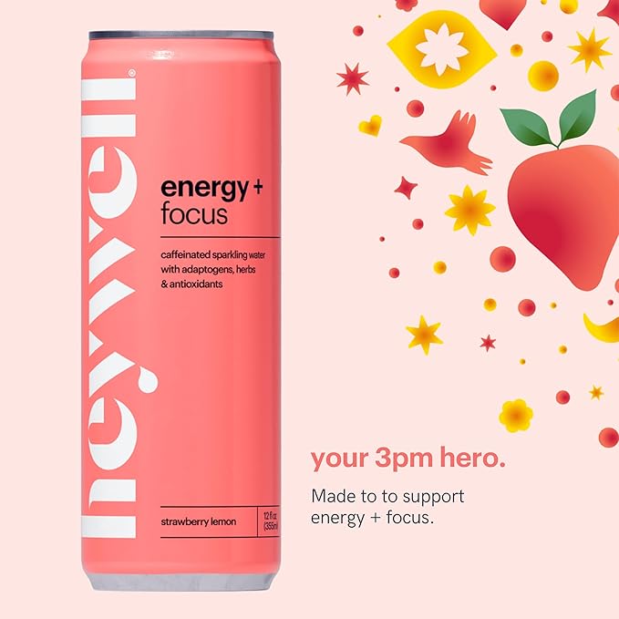 Heywell Sparkling Adaptogenic Water Energy and Focus, Strawberry Lemon Flavor 12 Fluid Ounce (Pack of 12) - Caffeinated, Organic, Non GMO, Vegan, Gluten Free, Dairy Free
