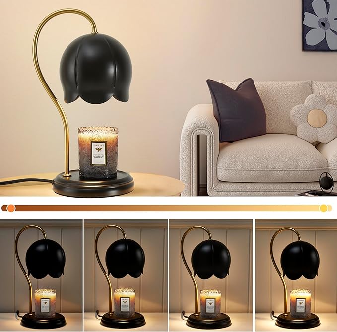 Black Gold Flower Candle Warmer Lamp with Timer Dimmable, Office Decor Elegant Bedroom Scented Wax Light, Christmas Birthday Gifts for Women Man, Large Table Candles Burner