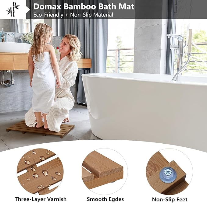 Domax Wooden Bamboo Bath Shower Mat- Non-Slip Waterproof Large Bathroom Floor Mat for Indoor Outdoor (Walnut, 21.26 x 14.17 x 1.3 Inches)