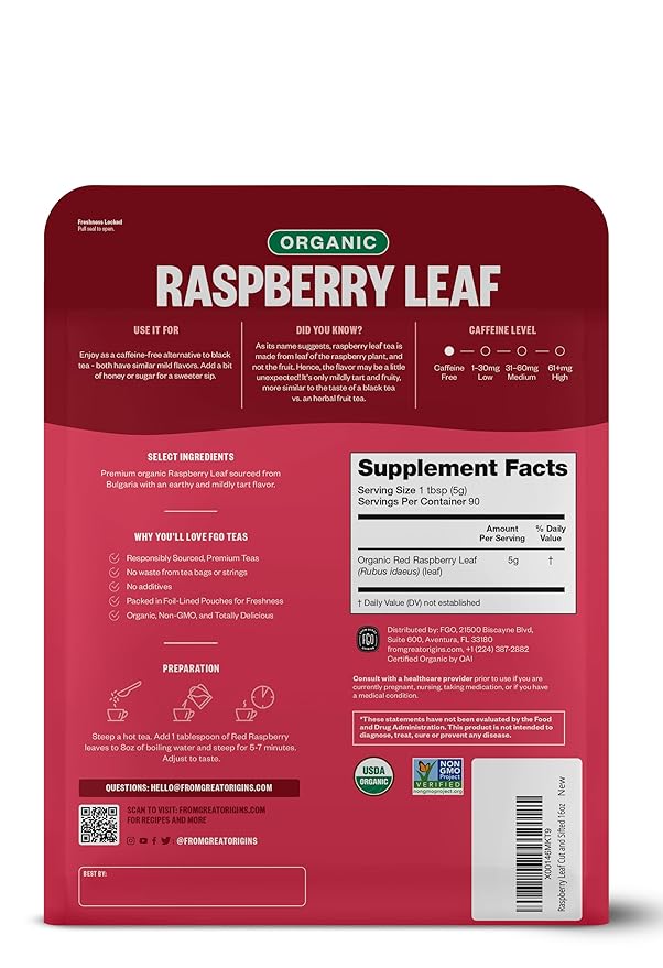 FGO Organic Red Raspberry Loose Leaf Herbal Tea, Cut and Sifted, Caffeine Free, 16oz Bulk Resealable Pouch, Packaging May Vary (Pack of 1)