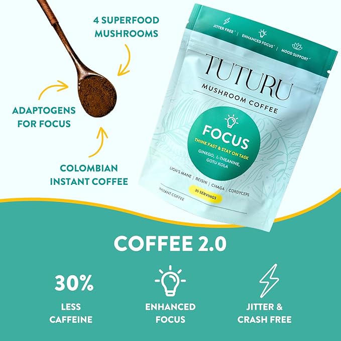 Focus Mushroom Instant Coffee - Adaptogen Coffee with Lion's Mane, Chaga, Ginkgo, L-Theanine - Jitter & Crash Free Energy - 35 Servings (Instant)