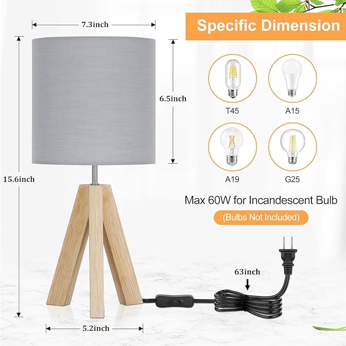 Brightever Small Bedside Table Lamp, Wooden Tripod Modern Table Lamp with Grey Linen Fabric Shade, Farmhouse Nightstand Lamp for Living Room, Bedroom, Home, Nursery, Office