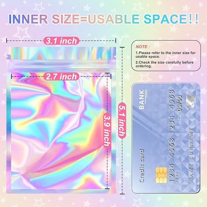 ANZNKU 100 Pack Mylar Bags Reasealable Holographic Bags, Smell Proof Bag Zipper Pouches with Clear Window, Jewelry Candy Sealable Bag for Packaging Sample Party Favor (3.1 x 5.1 Inch)