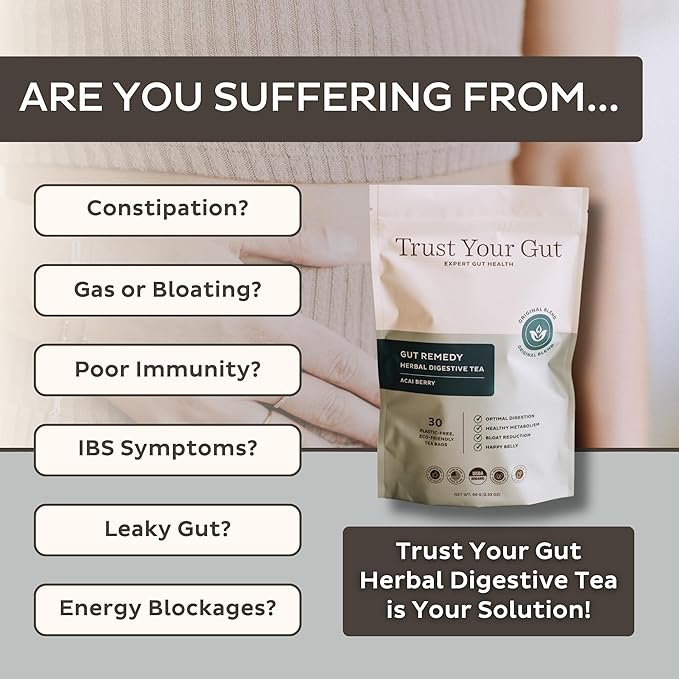 Trust Your Gut Organic Herbal Tea Blend with Lemon Balm, Holy Basil, Dandelion, Ginger Root – Liver Detox, Digestion & Gut Health Support, Gas Bloating Relief – Apple Cider, 30 Bags