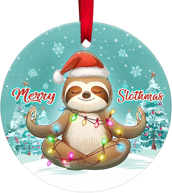 34HD 2.9" Ceramic Hanging Ornament for Christmas Tree, Lightweight Both Sides Printed Flat Ornament, Christmas Decoration, Sloth