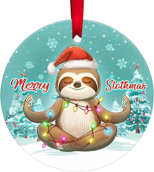 34HD 2.9" Ceramic Hanging Ornament for Christmas Tree, Lightweight Both Sides Printed Flat Ornament, Christmas Decoration, Sloth