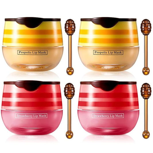 Honey & Strawberry Lip Balm Lip Mask, Hydrate Repair Prevent Dry Cracked Lip, Effective Reduces Lip Lines, Vitamin E Moisturizing Propolis Sleeping Lip Care (2Pcs Honey & 2Pcs Strawberry)