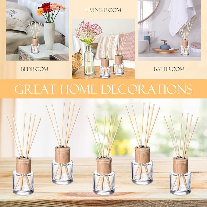 Roshtia 8 Set Reed Diffuser Bottle Empty Refillable Fragrance Glass Diffuser Bottles Set with Wooden Caps Rattan Sticks 50ml 1.7 oz Round Glass Jars for DIY Fragrance