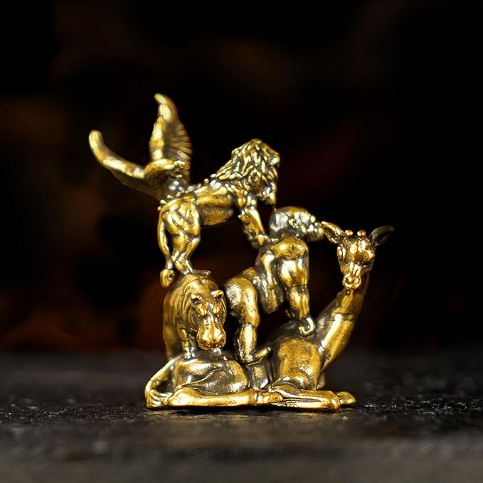 CHOVY Jungle Pyramid Statue - 100% Solid Brass Animal Stack Sculpture (Eagle on Lion, Gorilla & Hippo on Deer), Handcrafted Zoomorphic Art for Office Desk, Unique Safari Decor Gift