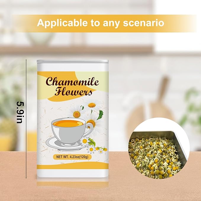 4.23oz Premium Dried Chamomile Flowers – Natural Whole Loose Chamomile for Tea, Baking, Crafts & Gifts, No Additives, Airtight Tin for Gifting (120g)