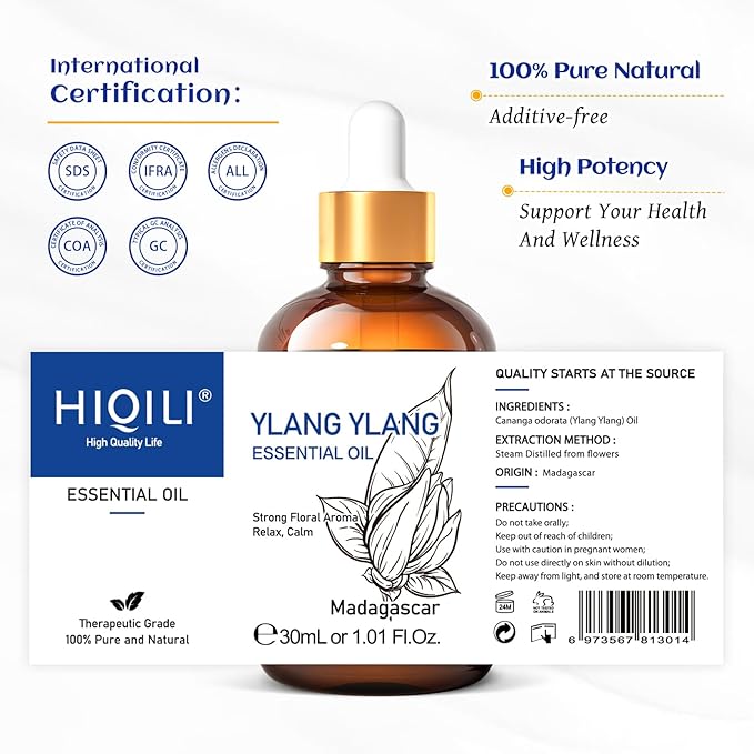 HIQILI Ylang-Ylang Essential Oil, Long-Lasting Scent for Diffusers, Perfumes, Aromatherapy, DIY - 1.01 Fl Oz