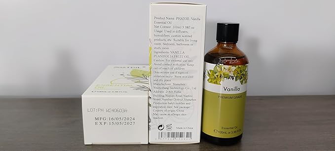 PHATOIL 100ML Vanilla Essential Oil, Huge 3.38fl.oz Bottle Vanilla Oil, Pure Aromatherapy Essential Oils for Diffuser, Humidifier, Scented Oils for Soap, Candle Making