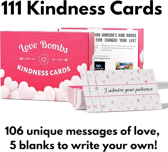 Better Me Love Bombs Kindness Cards – 111 Appreciation & Gratitude Cards, Love Notes for Him & Her, Just Because Gifts, Perfect for Valentine's Day (Red Hearts)