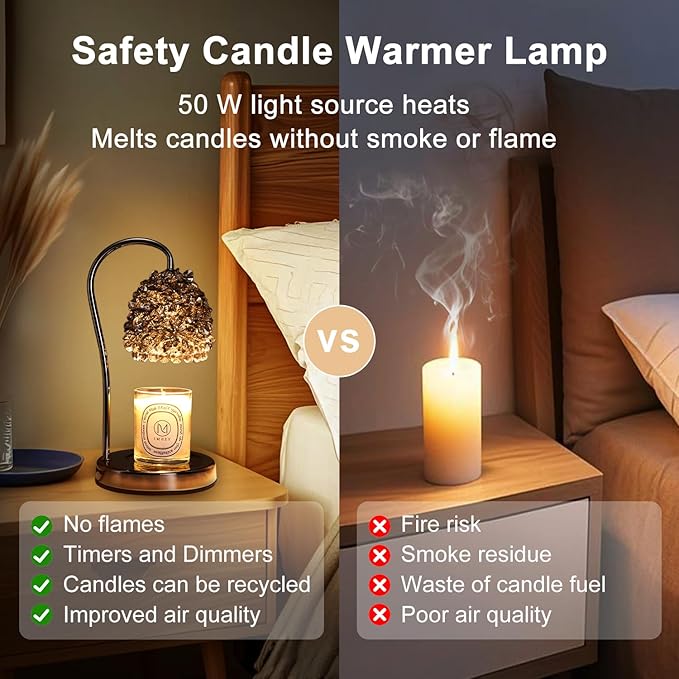 Black Candle Warmer Lamp with Timer - Adjustable Height Candle Warmer, Dimmer, Crystals Lampshade, Wax Melting Lamps for Home Decor, for Candles in Jars with 2 Bulbs
